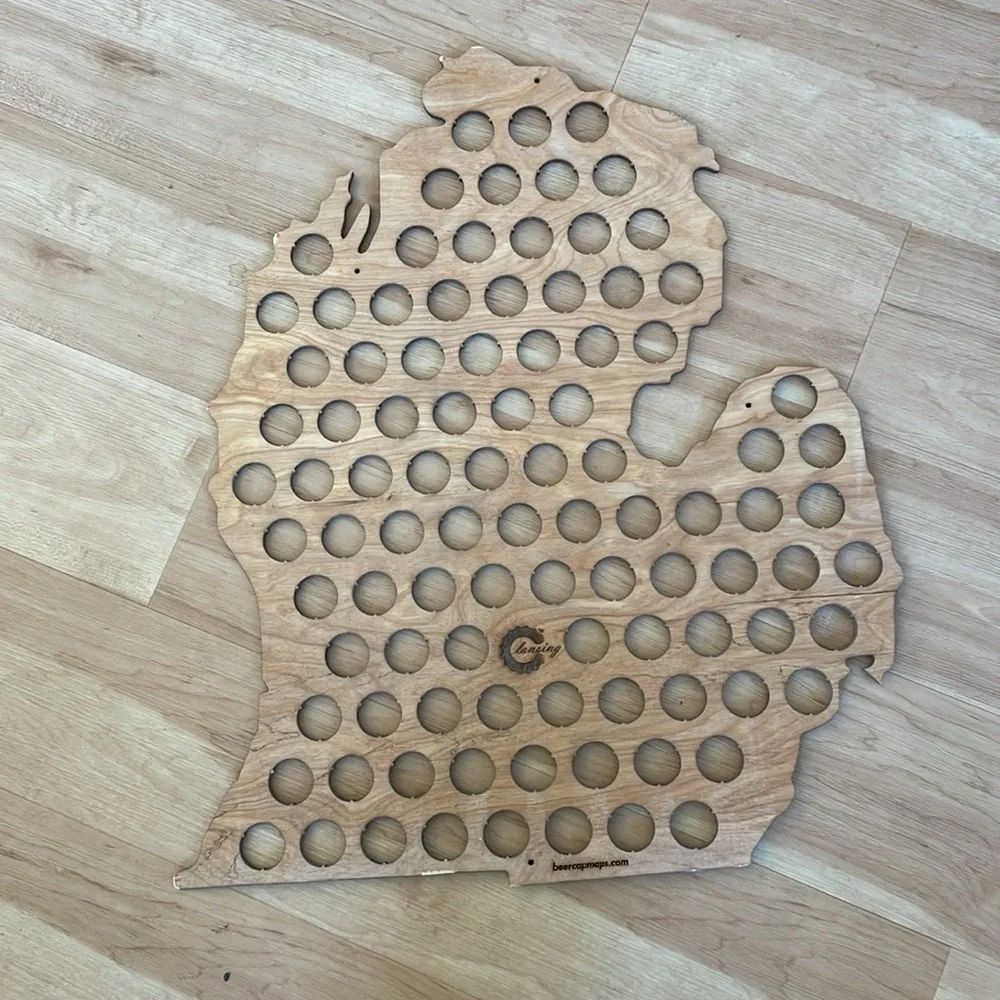 Wood beer cap map Michigan